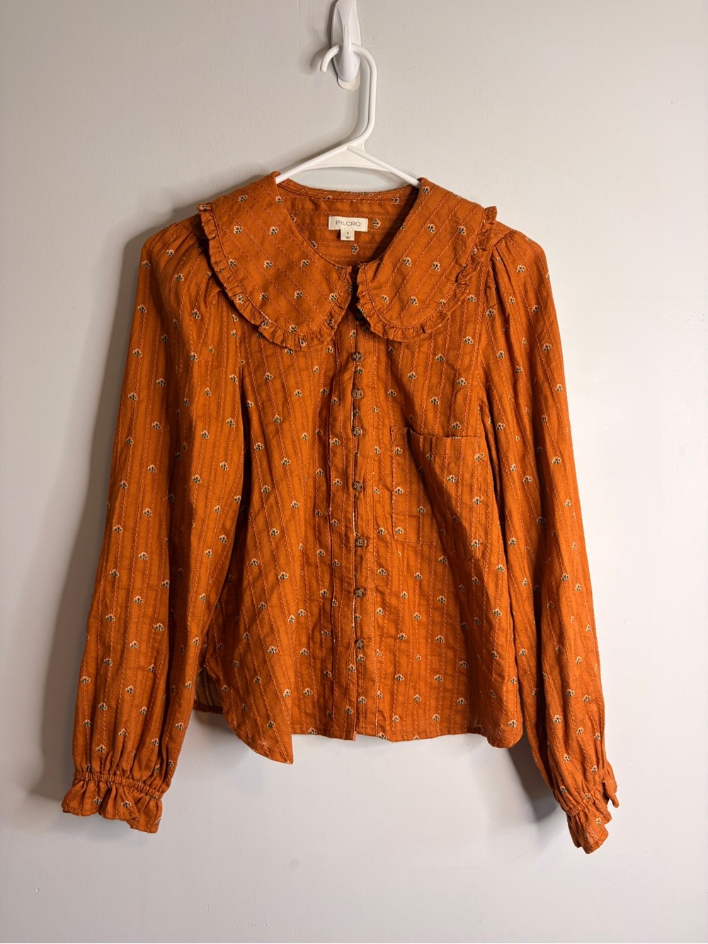 Pilcro Coquette Orange Ruffled Collar Button-Down Blouse Small
